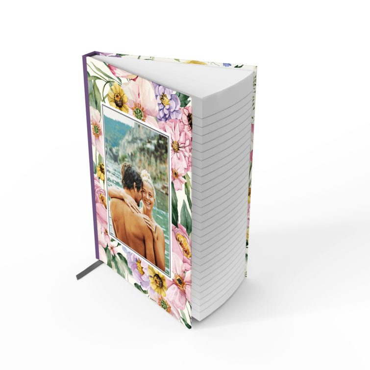 Floral print notebook cover design with spine, featuring one photo on the front.