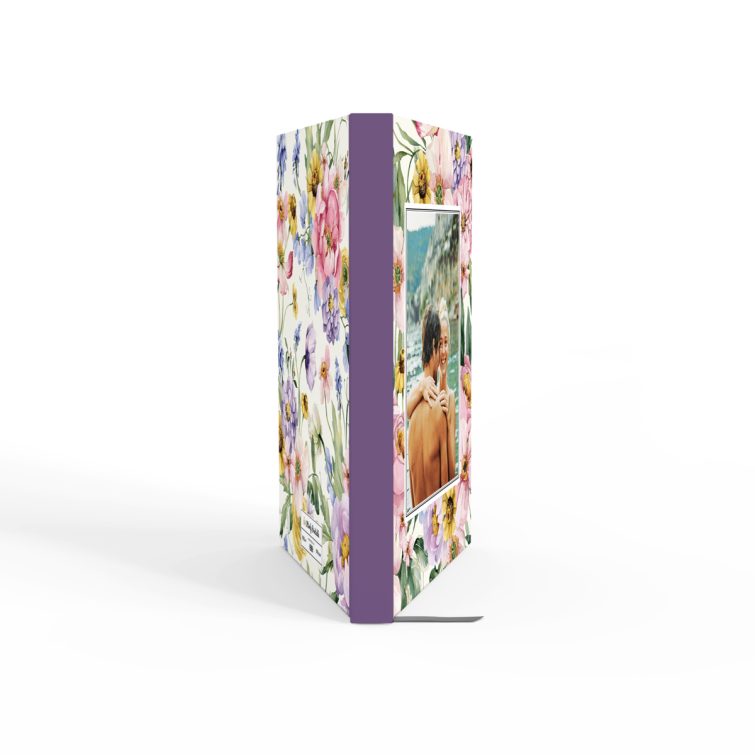 Floral print notebook cover design with spine, featuring one photo on the front.