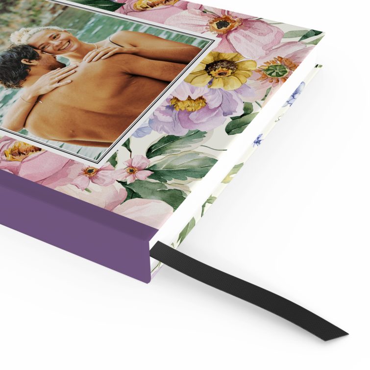 Floral print notebook cover design with spine, featuring one photo on the front.