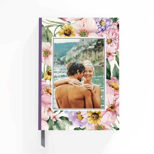 Floral print notebook cover design with spine, featuring one photo on the front.