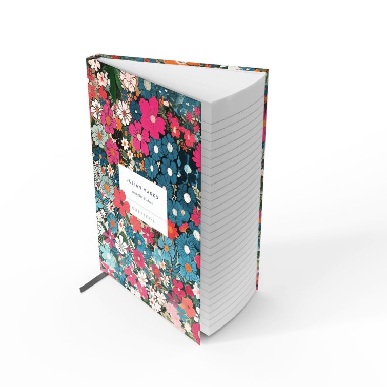 Floral-themed colourful notebooks design with two placeholder photos for customisation by Utterly Printable.