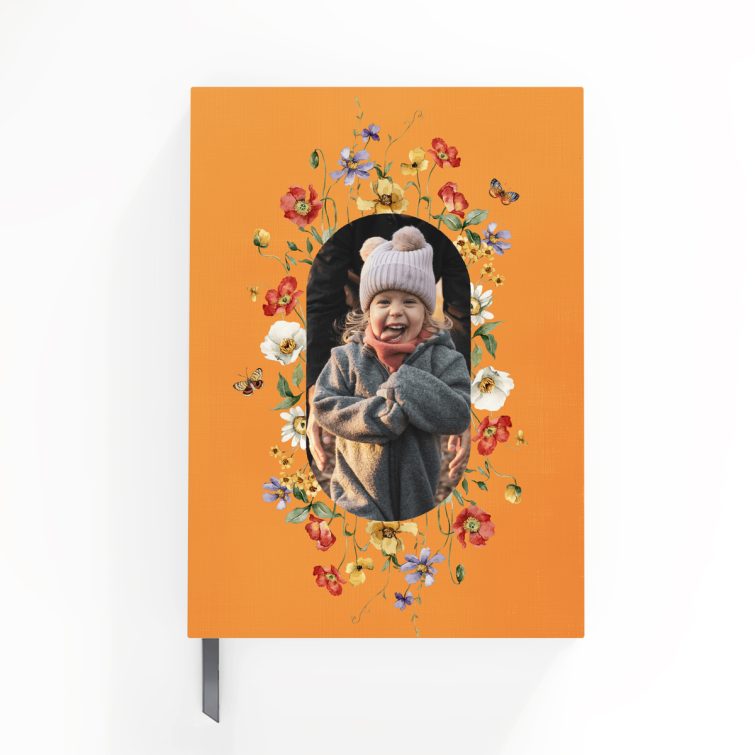 Bold floral-themed notebook cover with one photo for personalised printing.