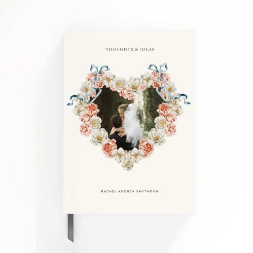 Floral heart-themed personalised notebooks design with one photo on the cover, ideal for weddings.