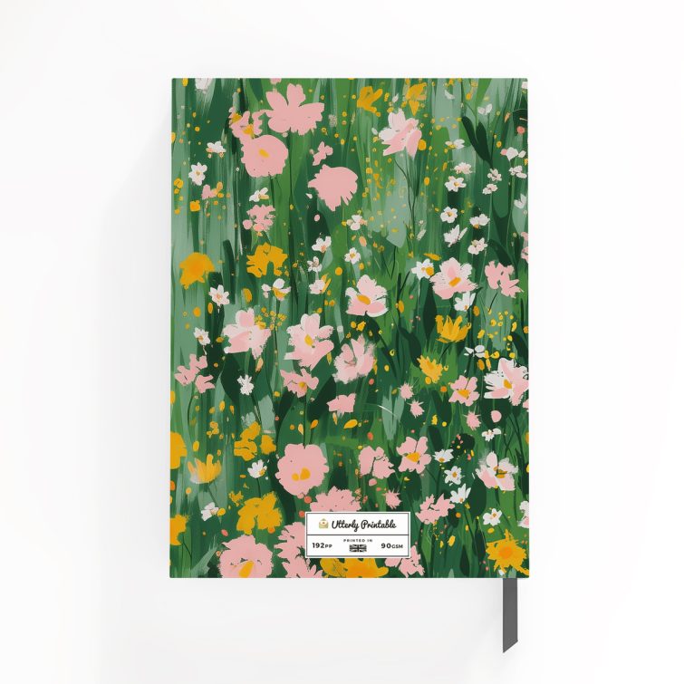 Floral design notebook cover with vibrant pink and yellow flowers on a green background, featuring one photo placeholder.