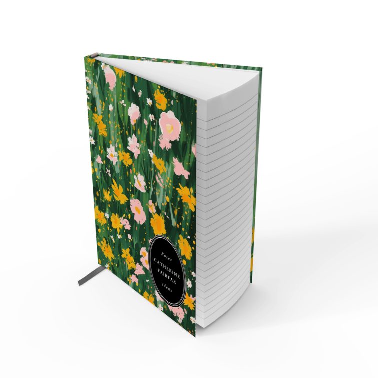 Floral design notebook cover with vibrant pink and yellow flowers on a green background, featuring one photo placeholder.