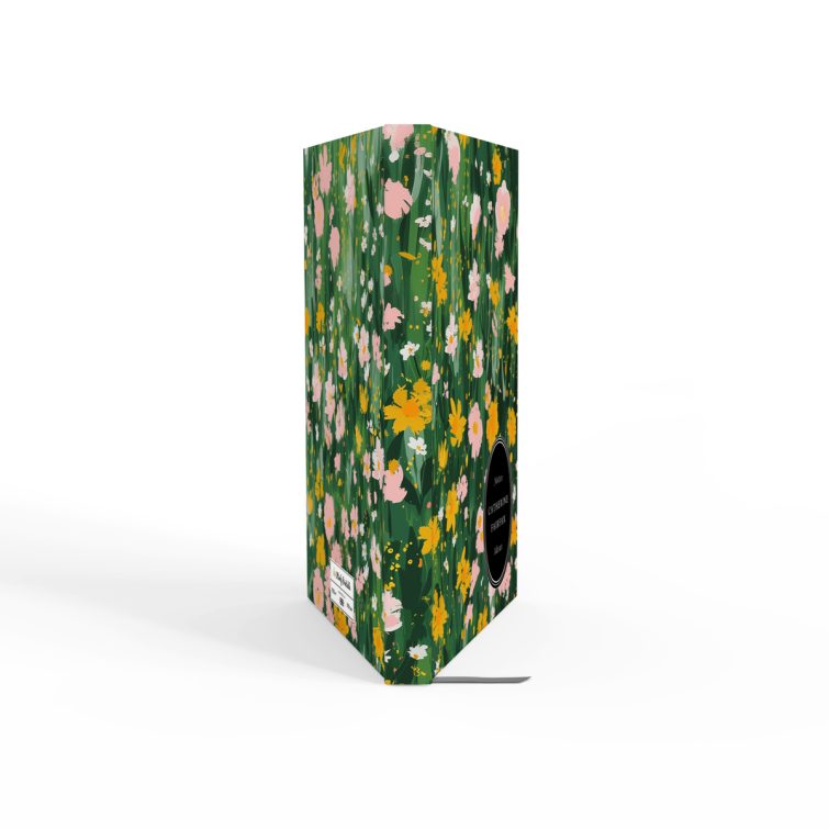 Floral design notebook cover with vibrant pink and yellow flowers on a green background, featuring one photo placeholder.