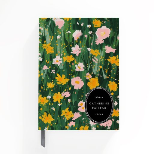 Floral design notebook cover with vibrant pink and yellow flowers on a green background, featuring one photo placeholder.