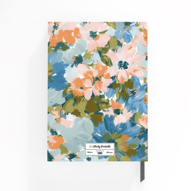 Floral pattern notebook design with abstract flowers covering the front and back spread.