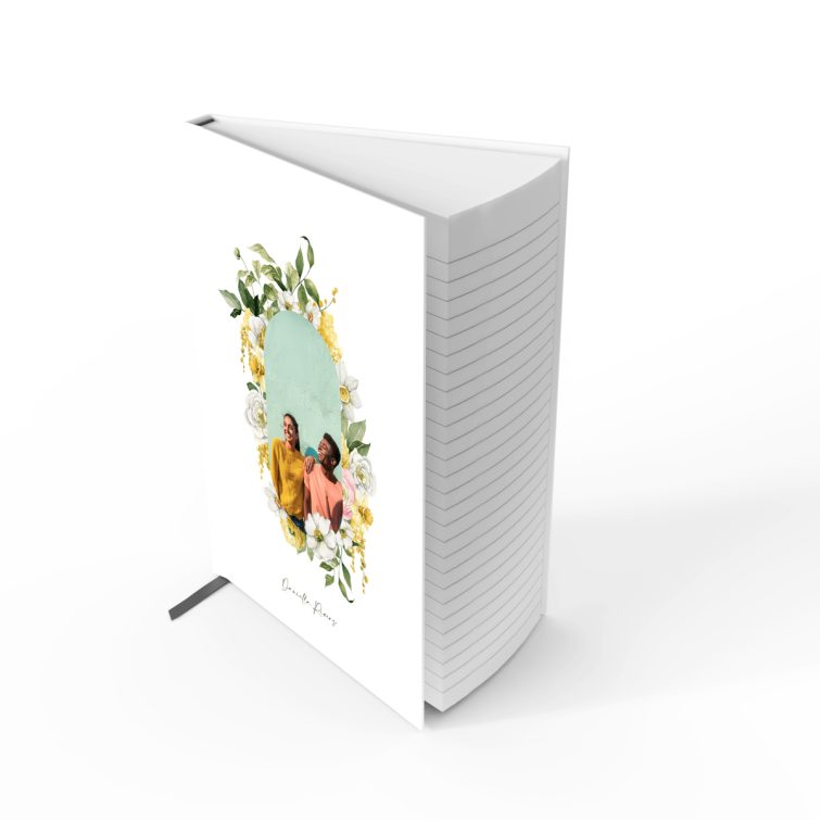 Portrait floral notebook design featuring one photo, created by Utterly Printable for personalised stationery.