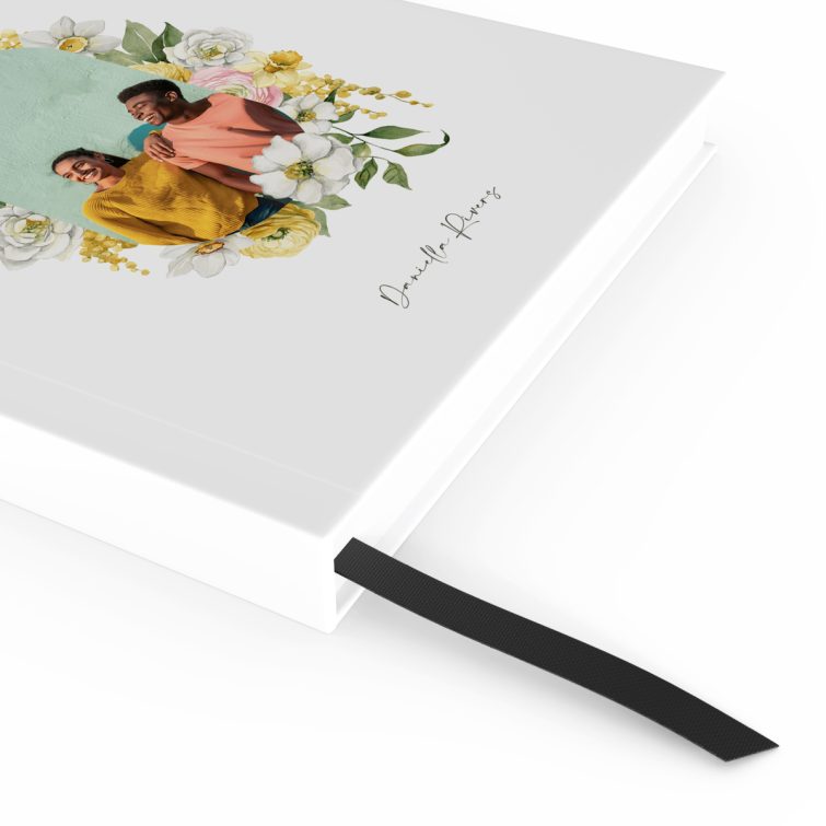 Portrait floral notebook design featuring one photo, created by Utterly Printable for personalised stationery.