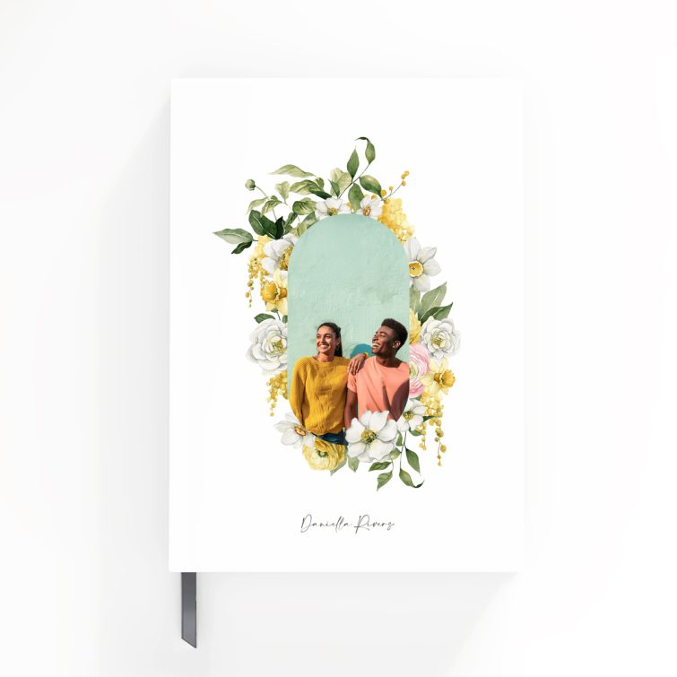 Portrait floral notebook design featuring one photo, created by Utterly Printable for personalised stationery.