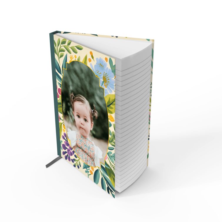 Floral design notebook cover with one photo, featuring a vintage-inspired portrait layout.