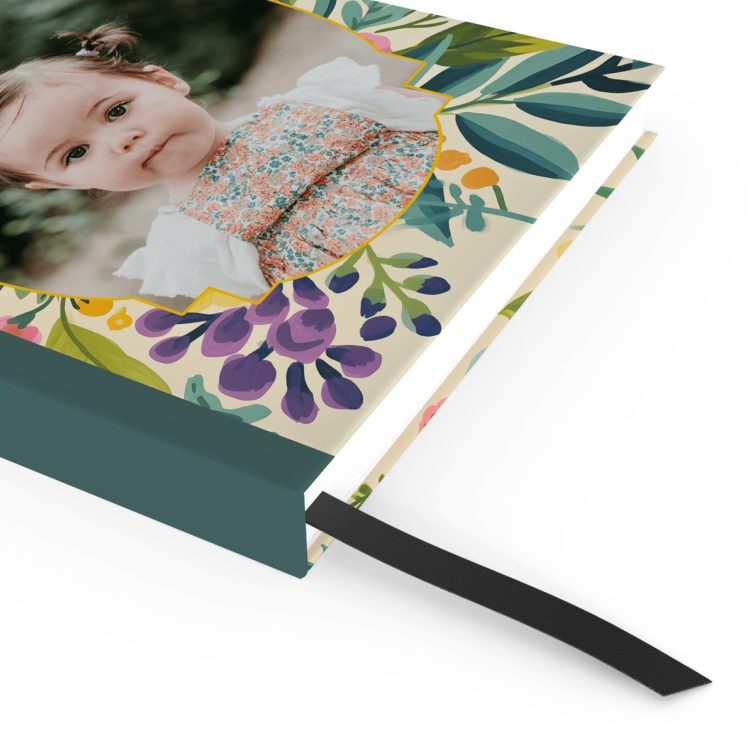 Floral design notebook cover with one photo, featuring a vintage-inspired portrait layout.