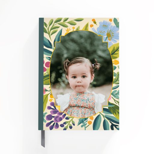 Floral design notebook cover with one photo, featuring a vintage-inspired portrait layout.