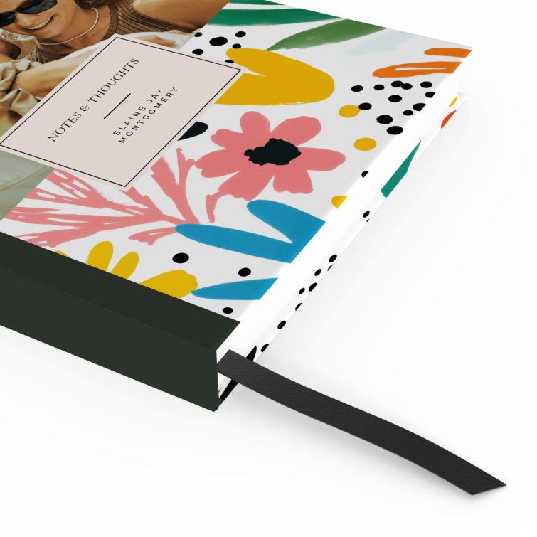 Floral-themed notebook cover design with one photo on the back cover, suitable for weddings and photo gifts by Utterly Printable.