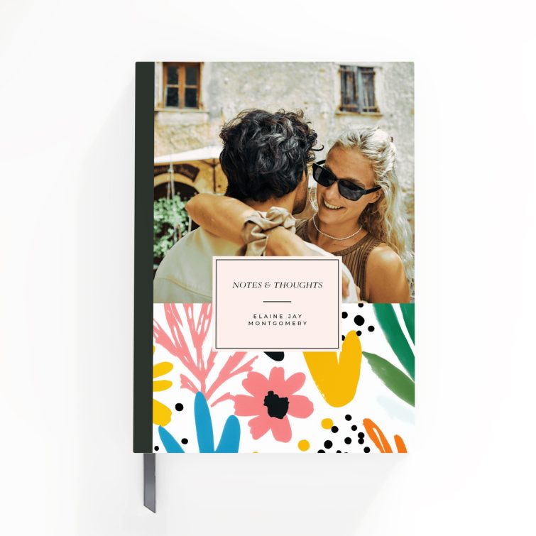 Floral-themed notebook cover design with one photo on the back cover, suitable for weddings and photo gifts by Utterly Printable.