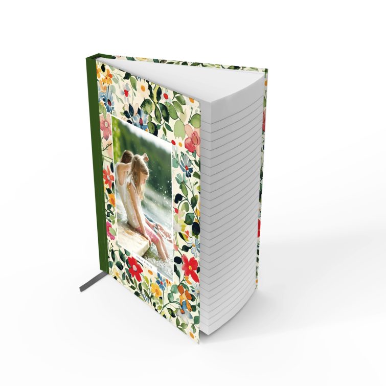 Floral design for personalised notebooks with one photo on the cover spread by Utterly Printable.