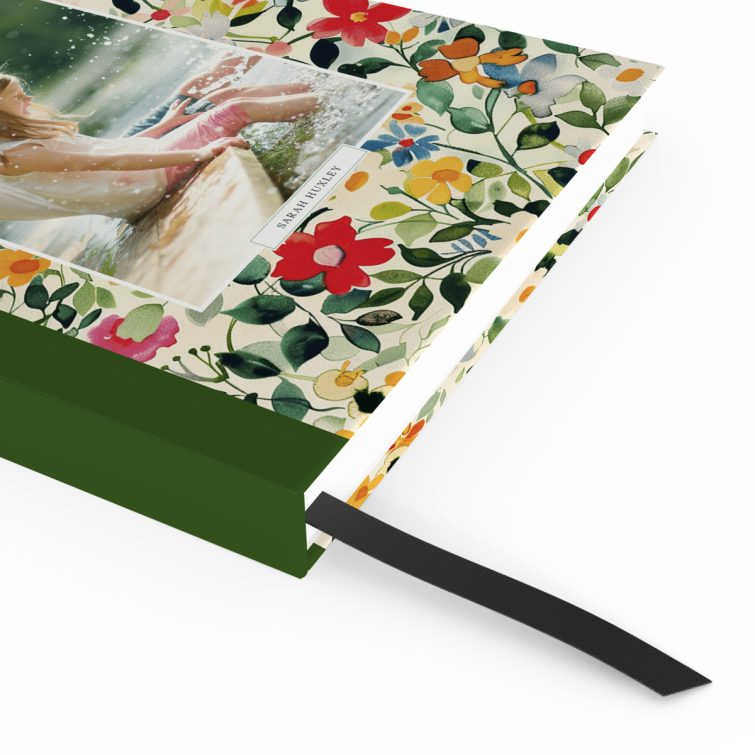 Floral design for personalised notebooks with one photo on the cover spread by Utterly Printable.