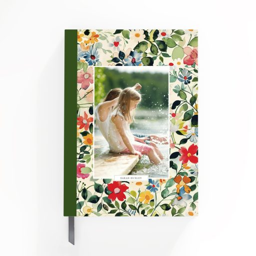 Floral design for personalised notebooks with one photo on the cover spread by Utterly Printable.