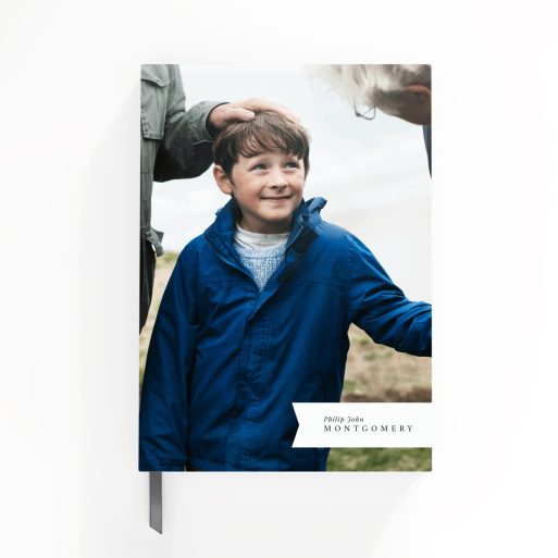 Personalised portrait notebook design with three photos for custom photo printing market.