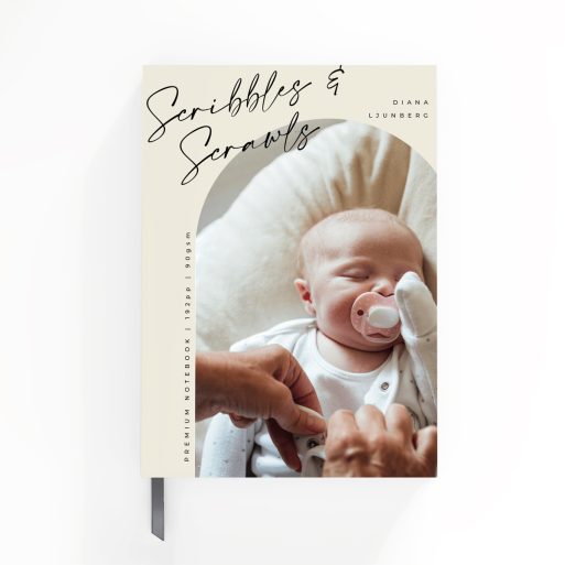 Portrait notebook cover design with elegant typography and one photo, ideal for personalisation, by Utterly Printable.