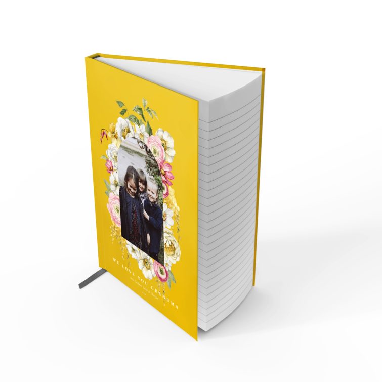 Floral photo design on a yellow cover for personalised notebooks with one image placeholder.