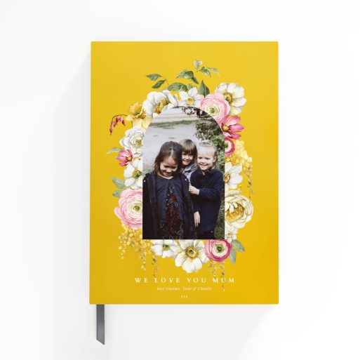 Floral design notebook cover with one photo on a yellow background by Utterly Printable.