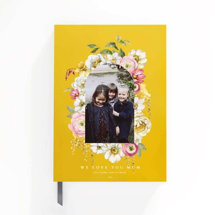 Floral design notebook cover with one photo on a yellow background by Utterly Printable.