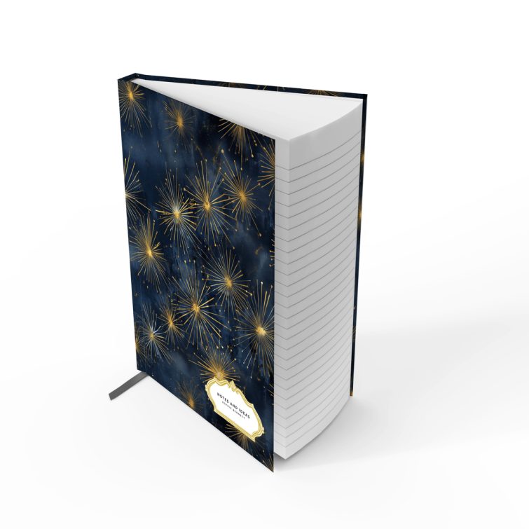 Elegant starburst design on a portrait orientation notebook cover with Utterly Printable branding, featuring gold and navy colour scheme.