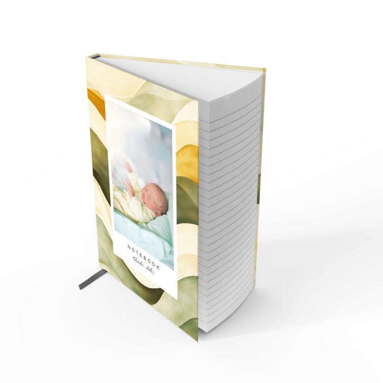 Customisable notebook with abstract wave design and one photo placeholder for personalised printing by Utterly Printable.