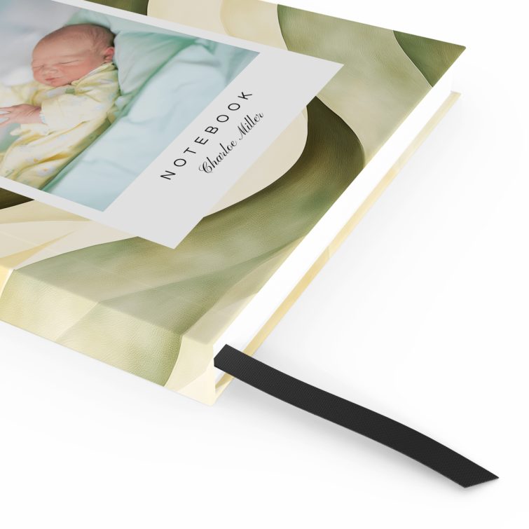 Customisable notebook with abstract wave design and one photo placeholder for personalised printing by Utterly Printable.