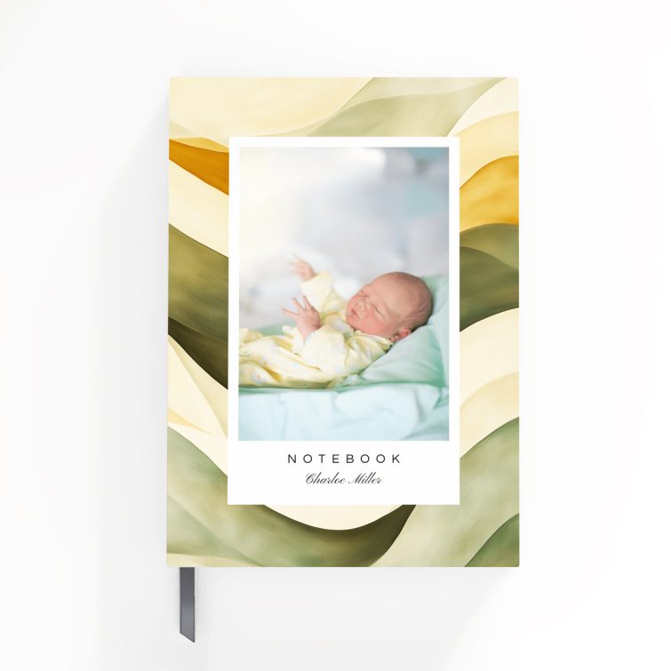 Customisable notebook with abstract wave design and one photo placeholder for personalised printing by Utterly Printable.