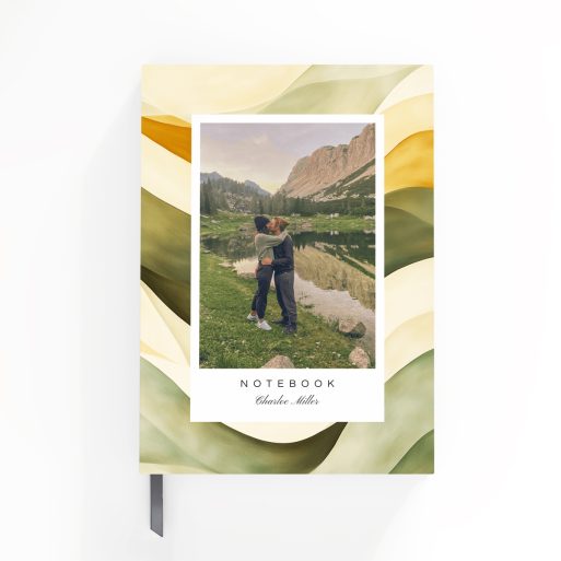 Personalised notebook design with abstract green and yellow wave pattern, featuring one photo on the front cover.