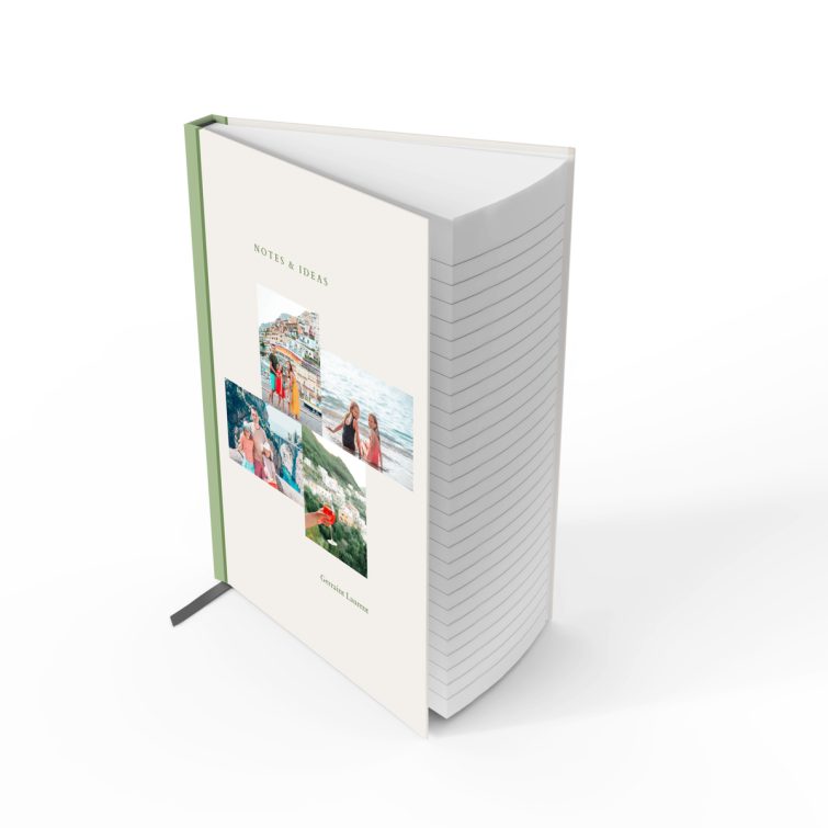 Portrait orientation customisable notebooks with green accents and four photos on the front cover.