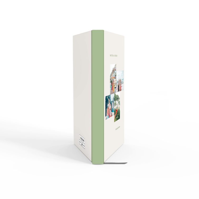 Portrait orientation customisable notebooks with green accents and four photos on the front cover.