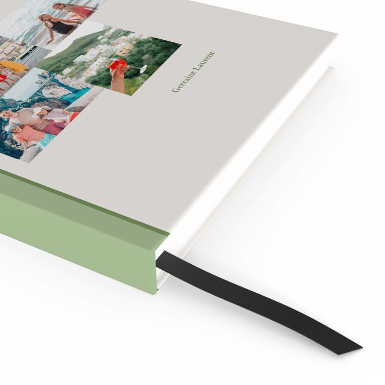 Portrait orientation customisable notebooks with green accents and four photos on the front cover.