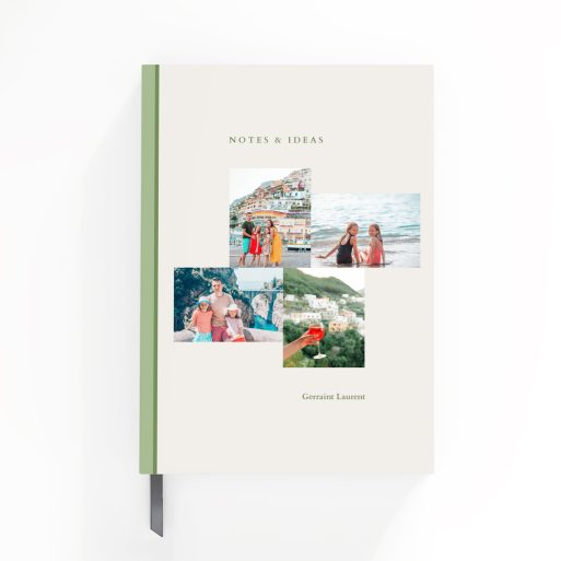 Portrait orientation customisable notebooks with green accents and four photos on the front cover.