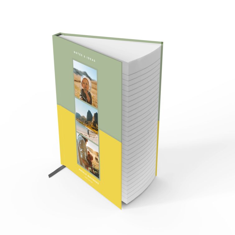 Colourful personalised portrait notebook design with three photos for customisation on the cover by Utterly Printable.