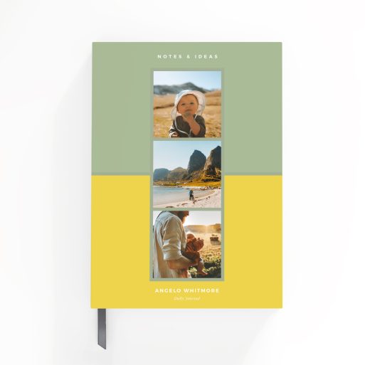 Colourful personalised portrait notebook design with three photos for customisation on the cover by Utterly Printable.