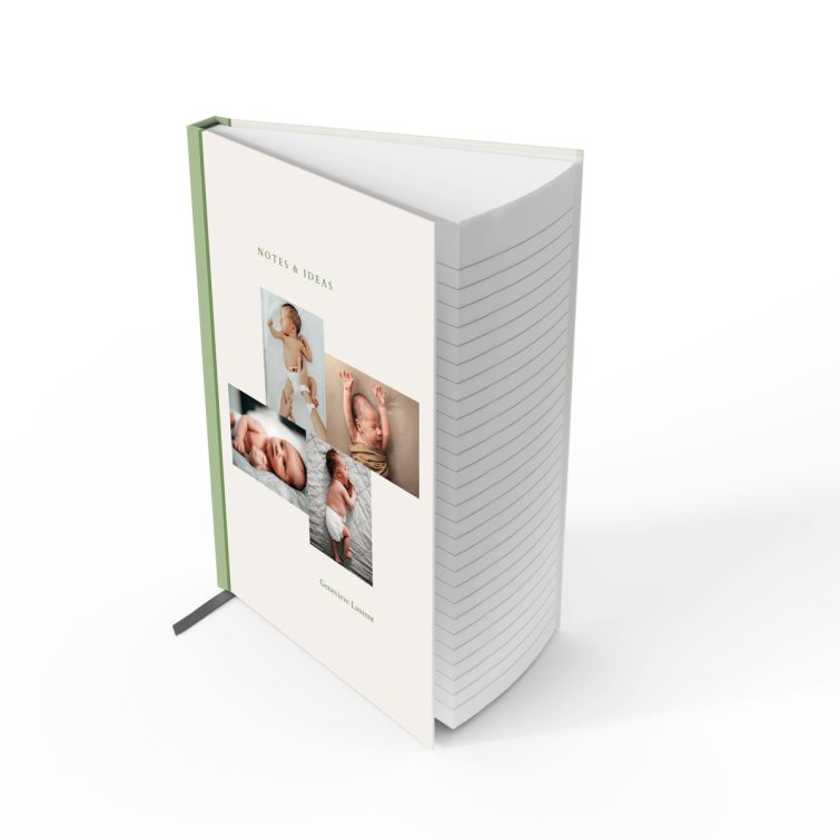 Personalised baby-themed notebook cover design with four photos on the front, portrait orientation