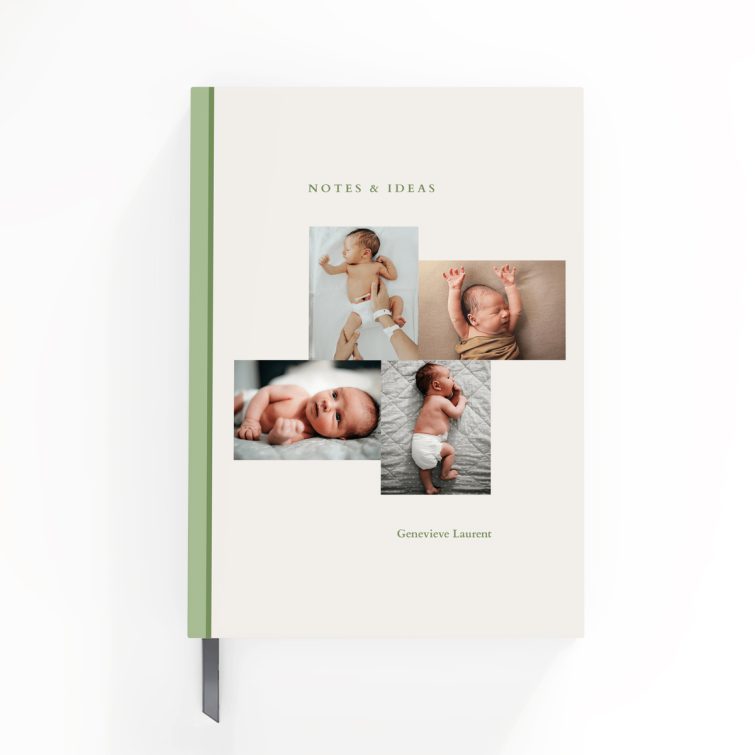 Personalised baby-themed notebook cover design with four photos on the front, portrait orientation