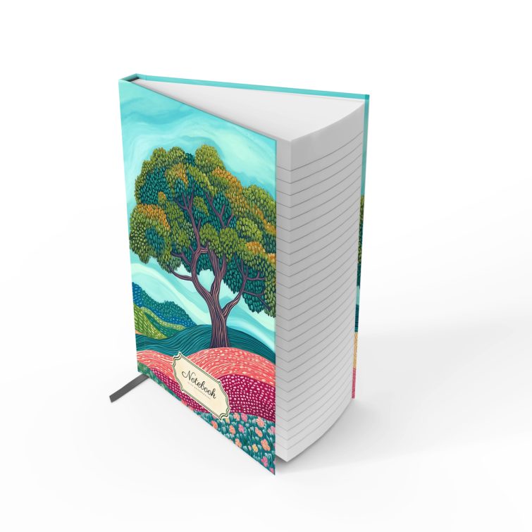 Illustrated notebook design with colourful landscape and two stylised trees, featuring Utterly Printable branding on the cover.