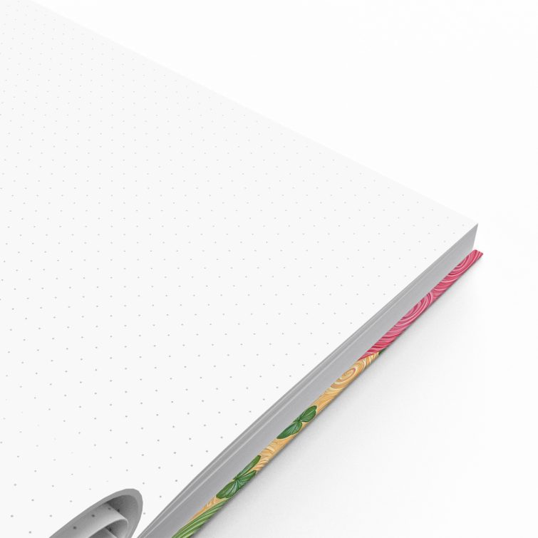 Illustrated notebook design with colourful landscape and two stylised trees, featuring Utterly Printable branding on the cover.