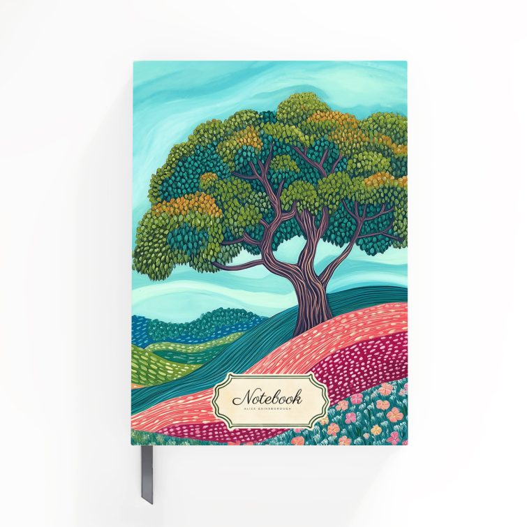 Illustrated notebook design with colourful landscape and two stylised trees, featuring Utterly Printable branding on the cover.