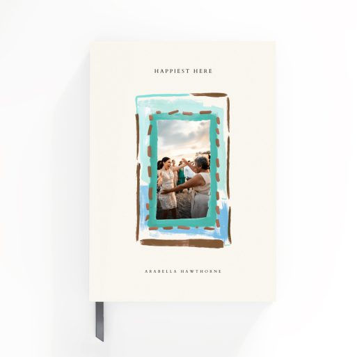 Customisable notebook cover design with one photo and abstract artistic frame by Utterly Printable.