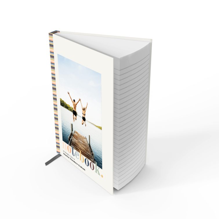 Customisable portrait notebook design with colourful stripes and one photograph.