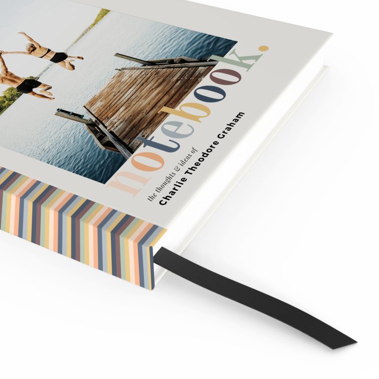 Customisable portrait notebook design with colourful stripes and one photograph.