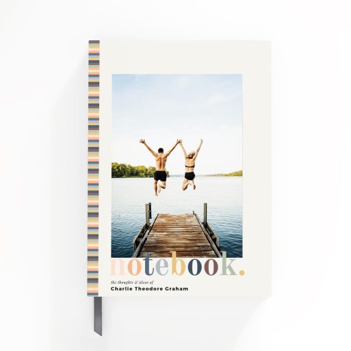 Customisable portrait notebook design with colourful stripes and one photograph.