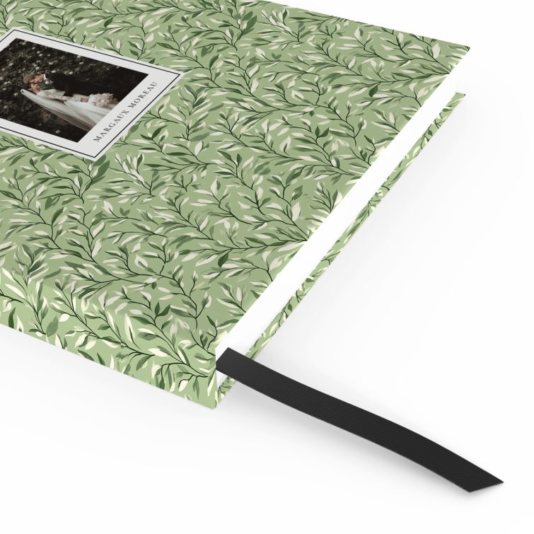 Wedding-themed portrait notebook design with leaf pattern and one photo on the cover.