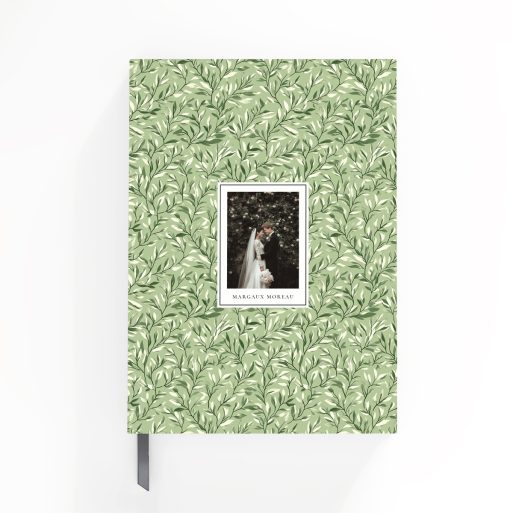 Wedding-themed portrait notebook design with leaf pattern and one photo on the cover.